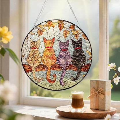 Chrismas Acrylic Stained Glass Window Hanging,Cat Sun Catcher Decor Stained Panel Hangings Wall Art Decor, 8x8inch (SCL037Cat)