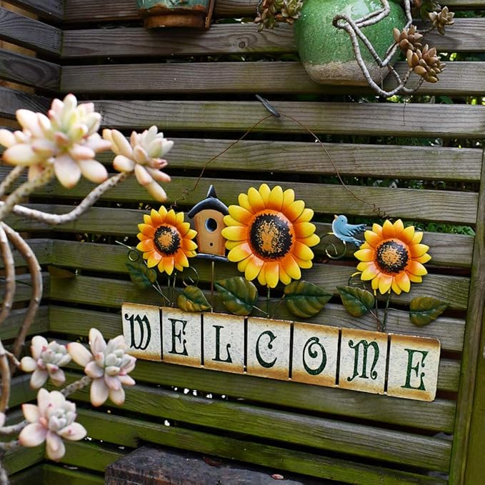 Welcome Sign Metal Hanging Sunflower Signs for Front Door Porch Wall - Rustic Decorative Door Hanger Indoor Outdoor Spring Decoration Wreath Decor (C)