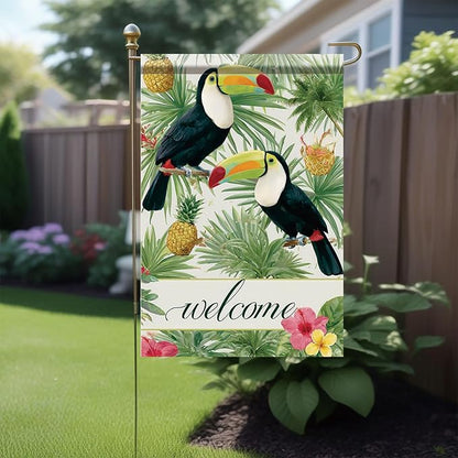 Welcome Toucan Garden Flag Tropical Bird Pineapple Palm Leaves Outdoor Yard Porch Lawn Garden Decor for Summer Island Patio Farmhouse Coastal Seasonal Home Display