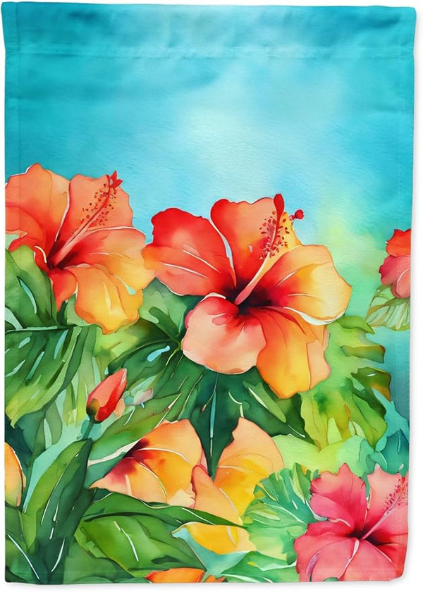 Caroline's Treasures Hawaii Hawaiian Hibiscus in Watercolor House Flag Large Porch Sleeve Pole Decorative Outside Yard Banner Artwork Wall Hanging, Polyester, House Size, Multicolor