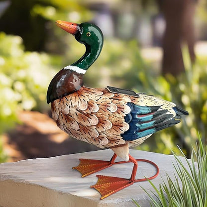 HONGLAND Solar Mallard Duck Outdoor Sculpture, 16" Metal Duck Garden Animal Statue with Lights for Outdoor Patio, Backyard, Lawn, Home Kitchen Decoration