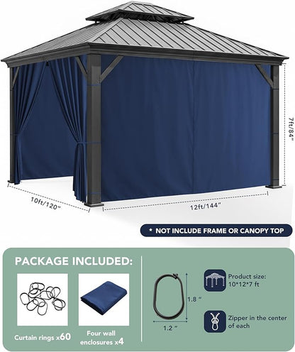 Gazebo Universal Replacement Privacy Curtains - 10'Wx12'Lx7'H Gazebo Curtains Outdoor Waterproof, 4 Panels Sidewall Drapes with Zipper for Patio Pergola Garden Backyard, Navy