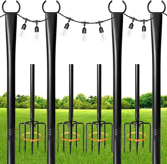 MuliVid 4 Pack String Light Poles for Outdoor,Metal Light Hanging Pole Outside with Fork,Light Stand for Patio, Pergola, Garden, Backyard, Yard, Camping Party (4 Pack)