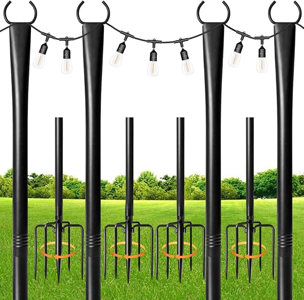 MuliVid 4 Pack String Light Poles for Outdoor,Metal Light Hanging Pole Outside with Fork,Light Stand for Patio, Pergola, Garden, Backyard, Yard, Camping Party (4 Pack)