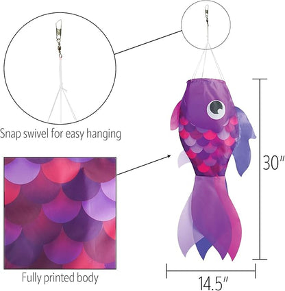 In the Breeze 5223 — 30-inch Lavender Damsel Fish — Colorful Purple Fishsock Hanging Garden Decor with Detailed Printed Graphics