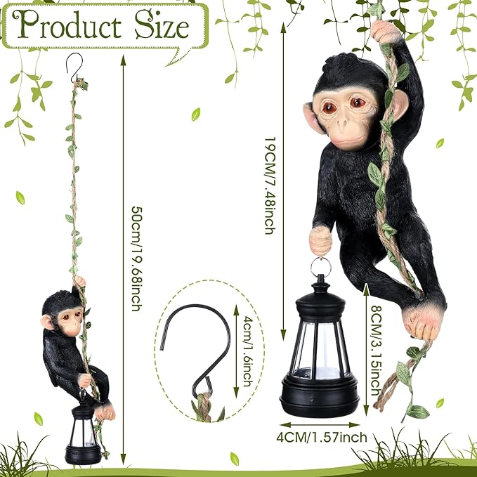 Rossesay Solar Light Outdoor Monkey Statues Black 7.48 Inch Resin Chimpanzee Baby Monkey Climbing on Vine with LED Lantern Waterproof Hanging Figurine with Hook for Yard Garden Wall