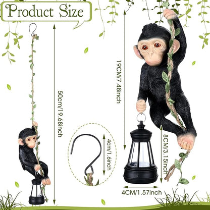 Rossesay Solar Light Outdoor Monkey Statues Black 7.48 Inch Resin Chimpanzee Baby Monkey Climbing on Vine with LED Lantern Waterproof Hanging Figurine with Hook for Yard Garden Wall