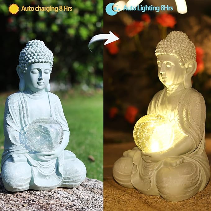 Buddha Garden Statue with Solar Light, Solar Meditating Garden Buddha with Cracked Glass Ball Sculpture-Indoor/Outdoor Decor for Balcony,Patio,Porch Yard Art Ornament,Gift