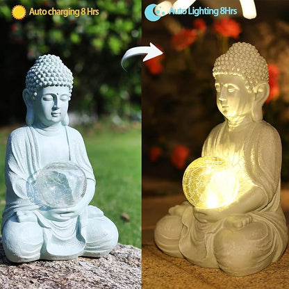 Buddha Garden Statue with Solar Light, Solar Meditating Garden Buddha with Cracked Glass Ball Sculpture-Indoor/Outdoor Decor for Balcony,Patio,Porch Yard Art Ornament,Gift