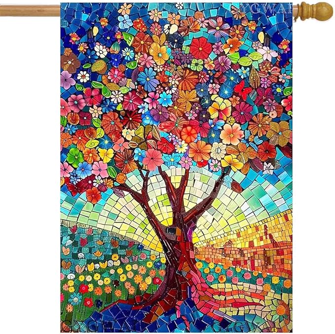 Stained Glass Tree of Life House Flag 28x40 Double Sided for Outside, Spring Summer Burlap Large Floral Garden Flags for Yard Outdoor Garden Decor