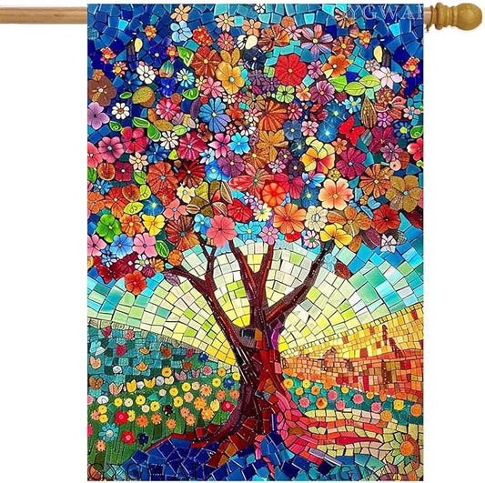 Stained Glass Tree of Life House Flag 28x40 Double Sided for Outside, Spring Summer Burlap Large Floral Garden Flags for Yard Outdoor Garden Decor
