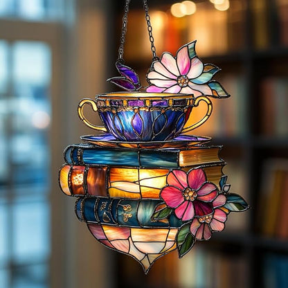 Floral Coffee Cup and Books Acrylic Suncatcher Stained Glass Effect Window Car Hanging Christmas Ornament Indoor Outdoor Decor Garden Sun Catcher Panel for Book Lover for Women Mom Grandma