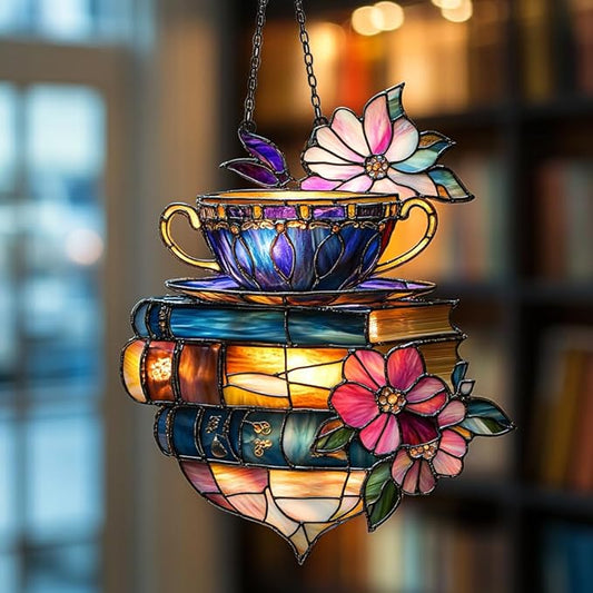 Floral Coffee Cup and Books Acrylic Suncatcher Stained Glass Effect Window Car Hanging Christmas Ornament Indoor Outdoor Decor Garden Sun Catcher Panel for Book Lover for Women Mom Grandma