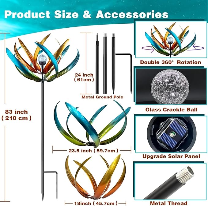 Large Solar Wind Spinners for Yard and Garden-82.6 Inch 360° Metal Wind Sculptures Outdoor Clearance Kinetic Windmills with Multi Color Led Glass Ball