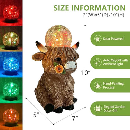 HONGLAND Solar Highland Cow Outdoor Garden Statues, Outside Decor with Color Changing Lights for Yard Lawn Ornaments Porch Patio Balcony Home Farmhouse, Birthday Gifts for Grandma Mom Women