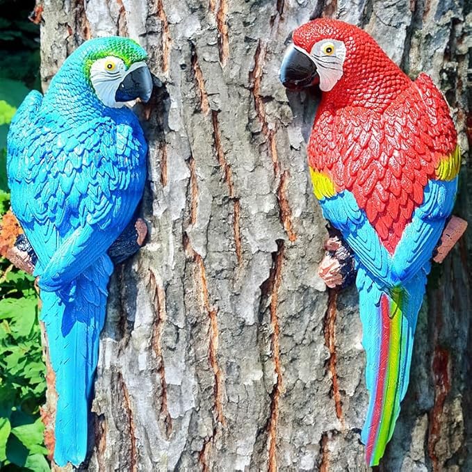 Hanging Parrot Decor,Bird Statues,Tropical Real Resin Bird Figurines,Home Ornament Decor for Tiki Bar,Perfect for Yard Ornaments,Tree Decorations Outdoor,Patio,Lawn,Tree Trunk, Porch,2 Bird a Set
