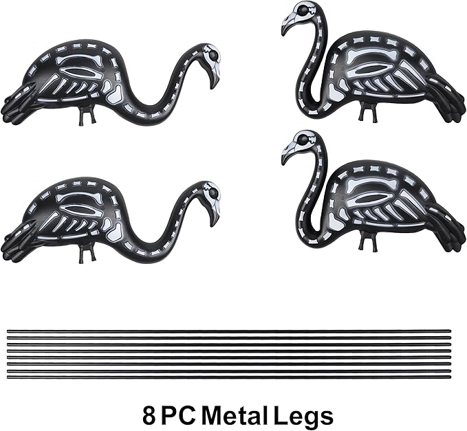 GiftExpress 4-Pack Small Halloween Black Flamingo Skeleton, Zombie Flamingos, Skull Flamingo with Stakes for Halloween Lawn Ornaments, Spooky Graveyard Decorations