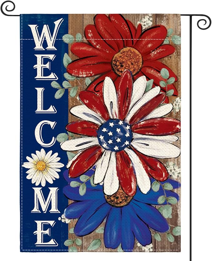 AVOIN colorlife Patriotic 4th of July Garden Flag 12x18 Inch Double Sided Outside, Floral Welcome Daisy Holiday Yard Outdoor Decoration