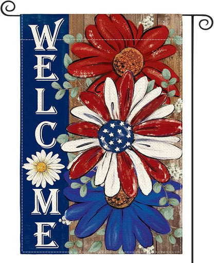 AVOIN colorlife Patriotic 4th of July Garden Flag 12x18 Inch Double Sided Outside, Floral Welcome Daisy Holiday Yard Outdoor Decoration