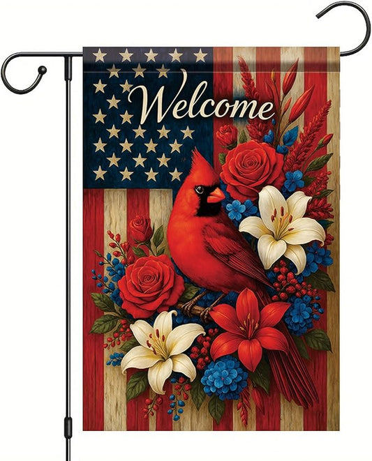 Spring Summer Garden Flag 12x18 Inch Patriotic Cardinal Welcome American Outdoor Floral Bird Design Outdoor Yard Porch Lawn for Seasonal Americana Farmhouse Home Decor