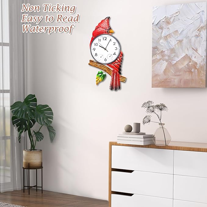 MUMTOP Cardinal Outdoor Clock Waterproof, 15.35 Inch Outside Wall Clock with Thermometer Combo for Patio Pool Garden Home Decor