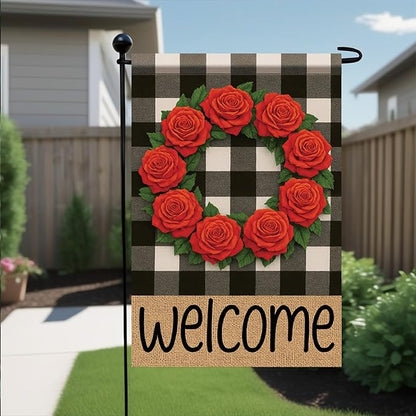 Buffalo Plaid Welcome Wreath Garden Flag Red Rose Flower Flag 12x 18 Inch Double Sided Spring Outdoor Fall Autumn Farmhouse Outdoor Small Decor for Porch Lawn Patio Yard