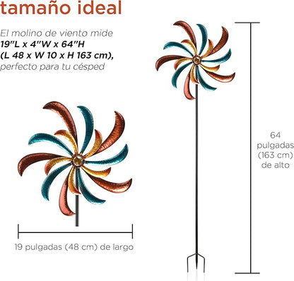 Alpine Corporation 63" Tall Outdoor Curved Blade Windmill Stake Kinetic Spinner, Multicolor