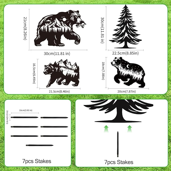Bear Garden Stake Outdoor Yard Decor – Set of 4 Metal Black Lawn Ornament, Cute Bear Lover Gift for Women Men, Weather-Resistant Bear Silhouette Statues Yard Art for Patio