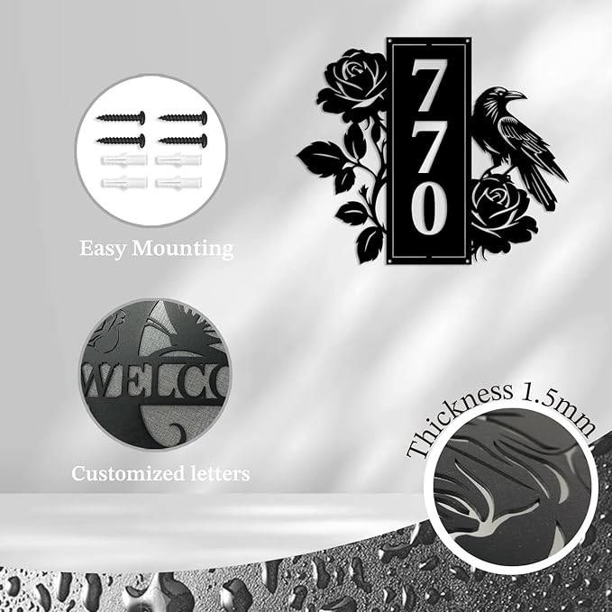 Personalized Gothic House Number metal Signs,Custom Address Number Metal Wall Art Decor,Black Plaques Outdoor wall Decorative Signage,Shed(8-30 Inches) (Crow Rose)