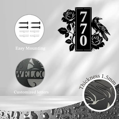 Personalized Gothic House Number metal Signs,Custom Address Number Metal Wall Art Decor,Black Plaques Outdoor wall Decorative Signage,Shed(8-30 Inches) (Crow Rose)