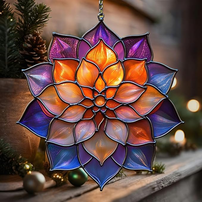 Mosaic Effect Dahlia Starburst Acrylic Suncatcher Stained Glass Effect Window Car Hanging Christmas Ornament Indoor Outdoor Decor Garden Sun Catcher Panel for Floral Lover for Women Mom Grandma
