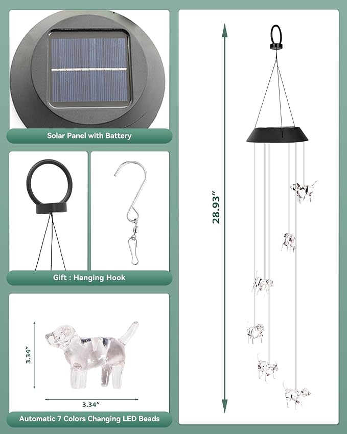 DOUBLEZHE Solar Wind Chimes for Outside, Color Changing Dog Wind Chime Outdoor Clearance, Birthday Gifts for Mom Women Grandma Wife Girls, Unique Garden Decor Colorful Patio Yard Party Decoration
