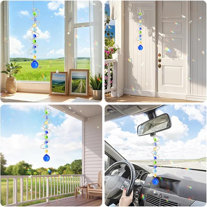 Crystal Suncatchers Decorative Sun Catchers Crystal Hanging Wind Spinners with Blue Prism Ball Rainbow Maker Suncatchers for Windows Hanging Outdoor Indoor Home Garden Decoration Gifts for Girl