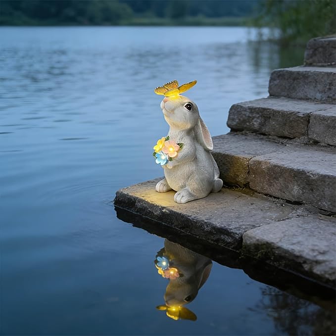 Solar Garden Decor Rabbit Statues with Butterfly LED Light - Waterproof Bunny Figurines Outdoor for Yard Patio Balcony Easter Decor - Unique Housewarming Mother's Day Birthday Gifts for Women