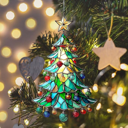 Mosaic Style Christmas Ornaments Tree Acrylic Suncatcher Stained Glass Effect Window Car Hanging Christmas Ornament Indoor Outdoor Decor Garden Sun Catcher Panel for Women Mom Grandma