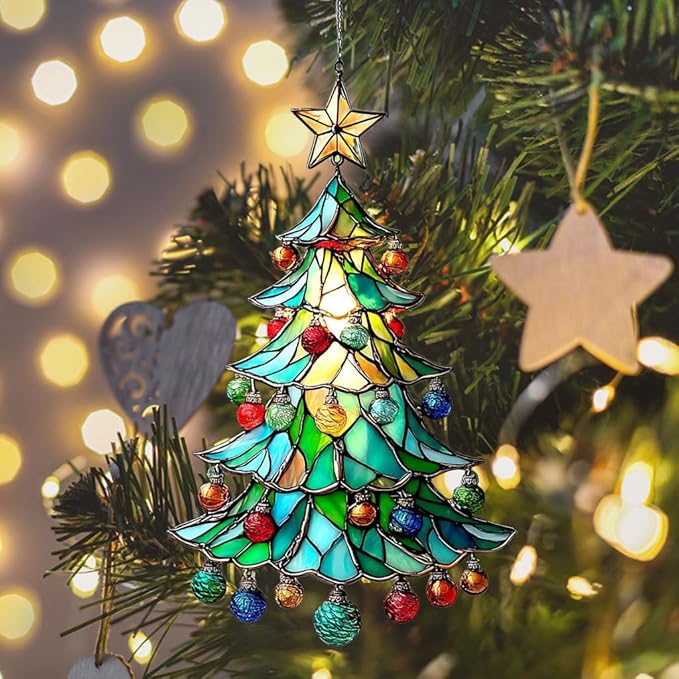 Mosaic Style Christmas Ornaments Tree Acrylic Suncatcher Stained Glass Effect Window Car Hanging Christmas Ornament Indoor Outdoor Decor Garden Sun Catcher Panel for Women Mom Grandma