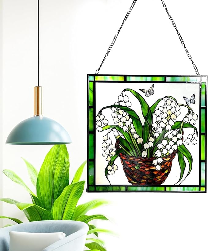 8'' Lily of The Valley and Butterflies Stained Glass Panel Suncatcher Window Hanging – Square Decorative Art for Home, Office, and Garden – Handcrafted Real Glass with Metal Frame