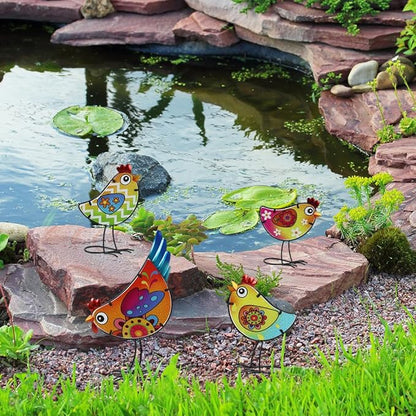 4 Pack Chicken Garden Decor for Outside, Rooster Glass & Metal Yard Art Decoration for Porch Patio, Bird Garden Statues Gifts for Grandma Mom Women (Colorful)