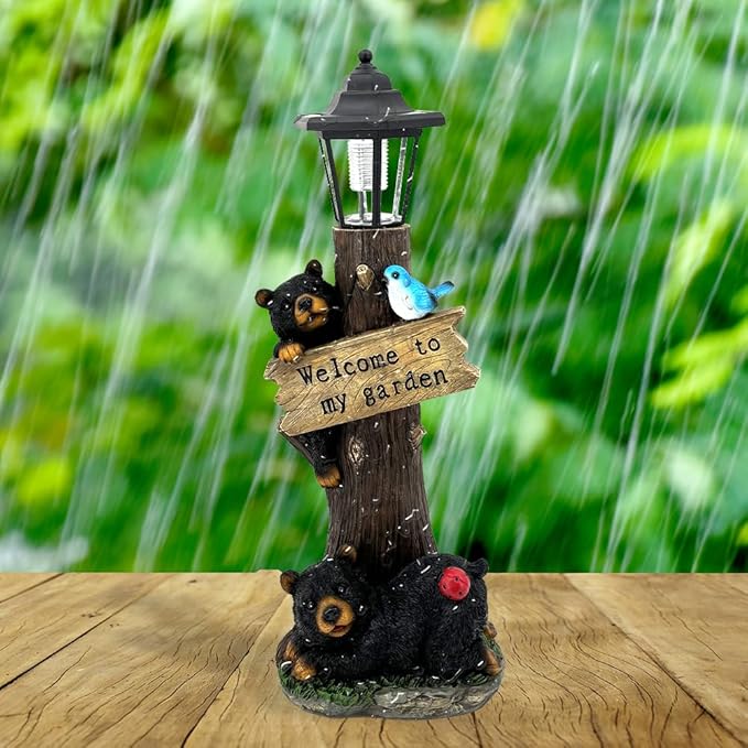 19 Inches Bear Statue Welcome Sign Garden Statue with Solar Lights, Resin Bear Family on The Tree, Outdoor Bear Décor for Yard, Garden, Lawn, Patio, Black and Brown Animal Statue