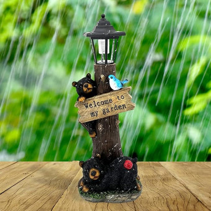 19 Inches Bear Statue Welcome Sign Garden Statue with Solar Lights, Resin Bear Family on The Tree, Outdoor Bear Décor for Yard, Garden, Lawn, Patio, Black and Brown Animal Statue