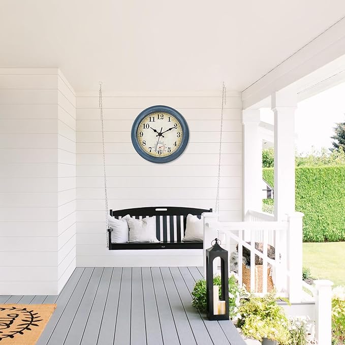 Outdoor Clocks Waterproof with Thermometer Combo Rustic Coastal Beach Wall Clock Decor for Bathroom Patio Pool (8 Inch,Blue)