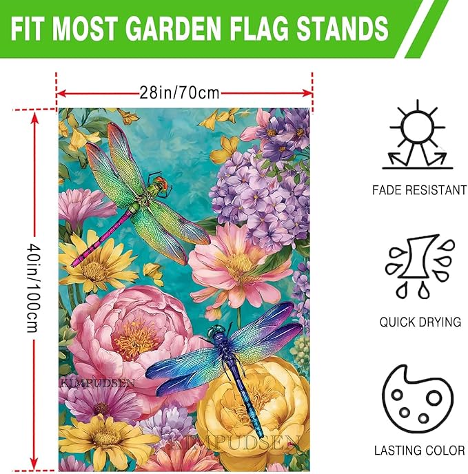 Spring Dragonfly House Flag Burlap 28x40 Inch Double Sided for Outside, Large Yard Flag for Seasonal Outdoor Decoration