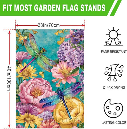 Spring Dragonfly House Flag Burlap 28x40 Inch Double Sided for Outside, Large Yard Flag for Seasonal Outdoor Decoration