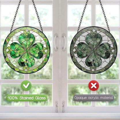 Four-Leaf Clover Suncatcher Stained Glass Window Hanging - 8 Inch Green Clover Sun Catchers Shamrock Suncatchers for Windows Hanging - St Patricks Day Decorations Glass Panel Irish Gift for Women Men