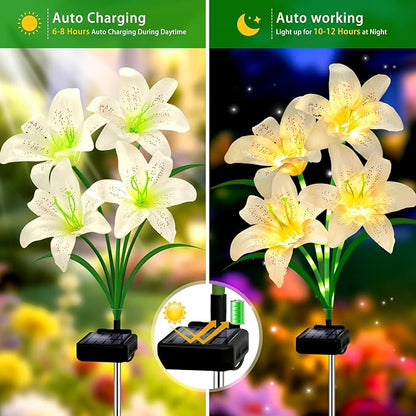 Solar Garden Lights 4 Pack 16 White Lily Flowers, Gifts for Mom Woman Birthday Outdoor Solar Flower Lights, Cemetery Flowers for Grave - Decorative Lilies for Yard, Patio, Pathway Decorations