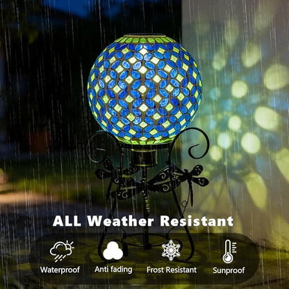 Stargarden Solar Gazing Ball, 10”Glass Gazing Globe, Mosaic Gazing Balls with Metal Ball Stand for Patio, Lawn, Garden Decor(Blue)