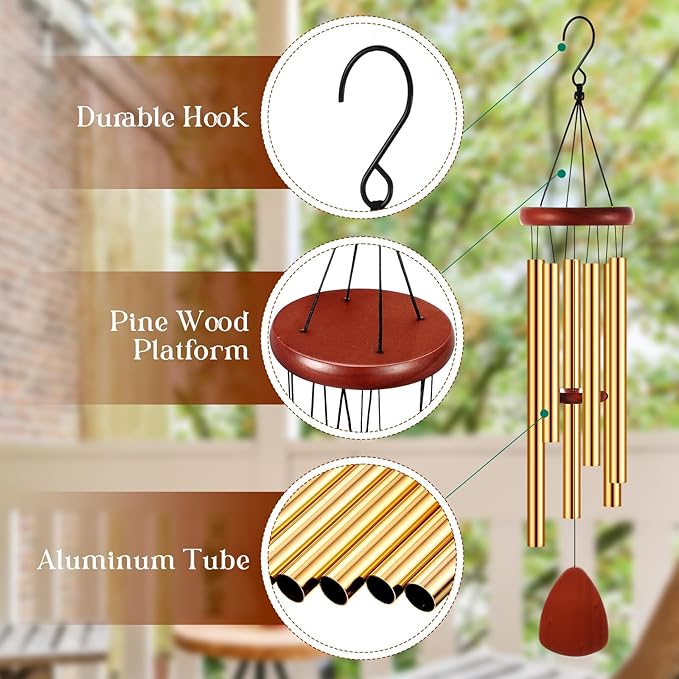 Leinuosen Wind Chimes for Outside Wind Chimes Outdoors Deep Tones 28" with 6 Aluminum Tubes Memorial Sympathy Windchime for Valentine Tree Decor Garden Courtyard Mom Loved One Gifts(Classic,Gold)