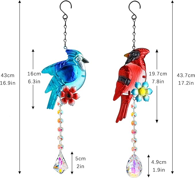 Cardinal and Blue Jay Suncatchers, Stained Glass Birds Hanging Ornament for Christmas Windows, Crystal Bird Sun Catcher Outdoor Decor