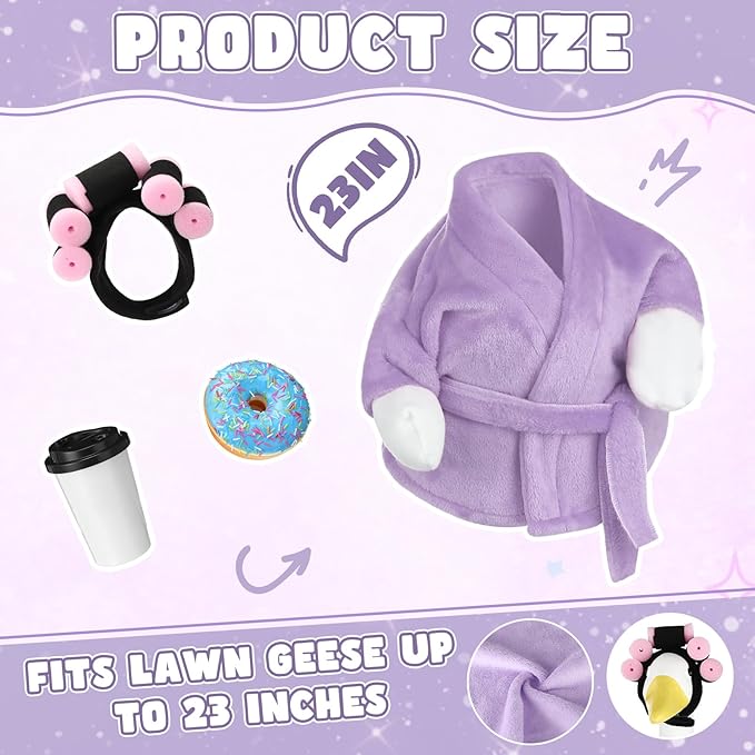 Porch Goose Outfits for 23 Inches Lawn Goose Statue, Purple Bathrobe Clothes with Hair Curlers, Coffee Cup & Donut Accessories for Funny Spa Yard Garden Patio Decor