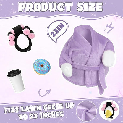 Porch Goose Outfits for 23 Inches Lawn Goose Statue, Purple Bathrobe Clothes with Hair Curlers, Coffee Cup & Donut Accessories for Funny Spa Yard Garden Patio Decor